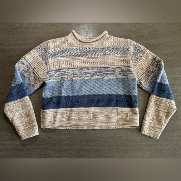 Vintage Denim Republic Tan Blue Striped Knit Sweater S - Picture 1 of 9